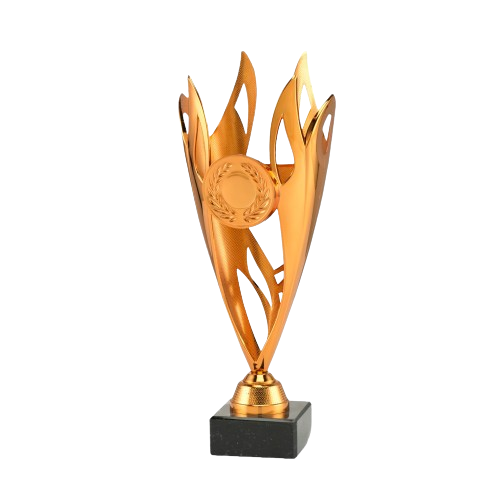 Puchar brązowy ET.444.03.A – puchar wys. 29 cm z czaszą w kształcie płomienia śr. 11,5 cm na czarnej podstawie marmurowej. Wykonany z plastiku, miejsce na emblemat śr. 25/50 mm. Idealna nagroda na zawody sportowe i uroczystości.