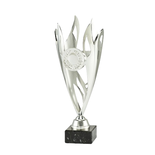 Puchar srebrny ET.444.02.A – puchar wys. 29 cm z czaszą w kształcie płomienia śr. 11,5 cm na czarnej podstawie marmurowej. Wykonany z plastiku, miejsce na emblemat śr. 25/50 mm. Idealna nagroda na zawody sportowe i uroczystości.