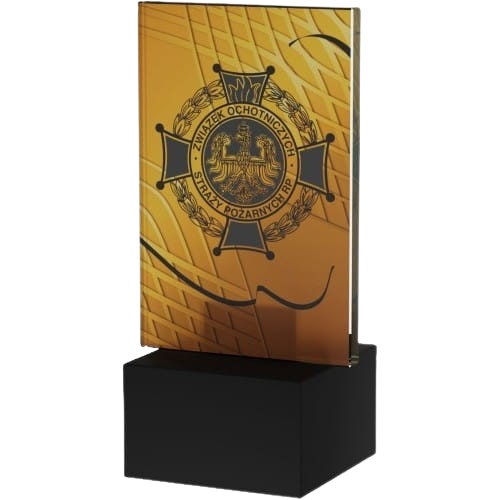 Mini trofeum szklane AG1-12/FIR2 Amber Line Pożarnictwo z grafiką emblematu strażackiego. Złoty panel i marmurowa podstawa tworzą nagrodę na zawody, jubileusze i wyróżnienia strażackie. Miejsce na tabliczkę z nadrukiem.