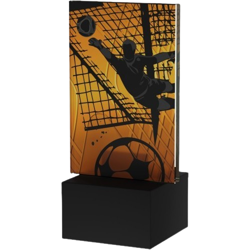 Mini Trofeum Amber Line AG1-12/SOC4 – piłka nożna Bramkarz: szklane trofeum z dynamiczną grafiką, na marmurowej podstawie. Idealne na turnieje i nagrody indywidualne. Personalizacja tabliczką z nadrukiem.