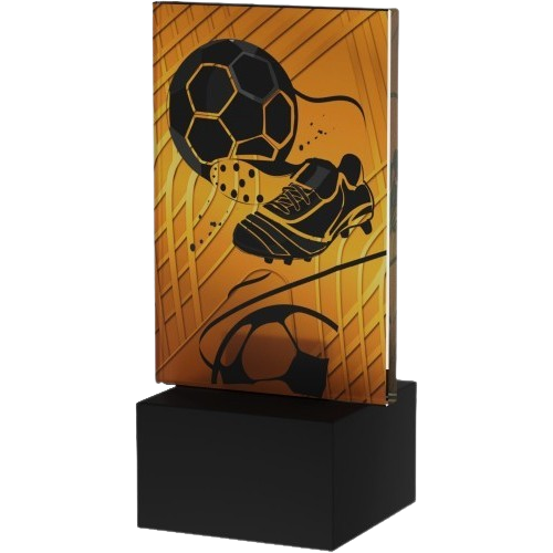 Mini trofeum Amber Line Piłka Nożna AG1/SOC3 – szklana statuetka 12,5 cm na marmurowej podstawie, idealna na turnieje. Miejsce na tabliczkę 45×23 mm z nadrukiem dla personalizacji.