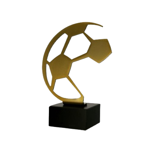 Statuetka metalowa BL-SOC1 Metline Heavy – piłka nożna: złoty, nowoczesny ażurowy motyw piłki na marmurowej podstawie. Wys. 29 cm, gr. 5 cm. Tabliczka 85×40 mm z nadrukiem. Idealna na turnieje i MVP.