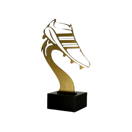 Statuetka metalowa Metline Heavy BL-SOC2 do piłki nożnej: ażurowy but w złotym wykończeniu na marmurowej podstawie. Wys. 29 cm, gr. 5 cm, tabliczka 85×40 mm z nadrukiem – idealna na turniej.