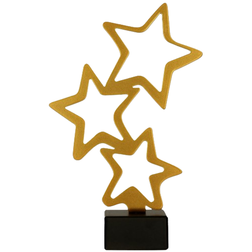 Statuetka metalowa ML-STA Złote Gwiazdy to efektowna nagroda na gale, konkursy i jubileusze. Motyw trzech gwiazd podkreśla wyjątkowy charakter wyróżnienia. Miejsce na tabliczkę z nadrukiem.