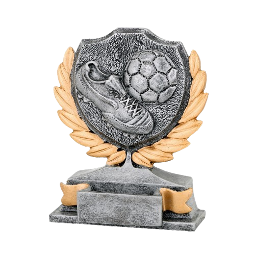 Statuetka odlewana FG155 – z motywem buta i piłki na tarczy w wieńcu laurowym, na podstawie. Miejsce na tabliczkę. Idealna na turnieje piłki nożnej, zawody sportowe i uroczystości.