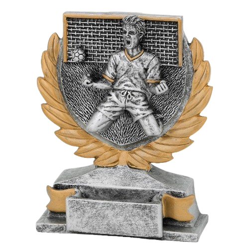 Statuetka odlewana FG149 – z figurą piłkarza na tle bramki w wieńcu laurowym, na podstawie. Miejsce na tabliczkę. Idealna na turnieje piłki nożnej, zawody sportowe i uroczystości.
