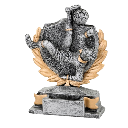 Statuetka odlewana FG156 – z figurą piłkarza wykonującego przewrotkę. Miejsce na tabliczkę. Idealna na turnieje piłki nożnej, zawody sportowe i uroczystości.