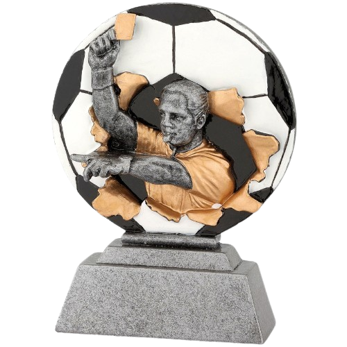 Statuetka odlewana FG1020 - z figurą sędziego na tle piłki nożnej, na podstawie. Miejsce na tabliczkę. Idealna dla sędziów, na turnieje piłki nożnej i uroczystości sportowe.
