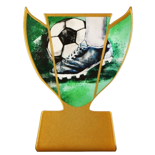 Metalowa statuetka SL-SOC1 Slim Line do piłki nożnej z kolorowym nadrukiem (piłka i but). Wys. 10 cm, szer. 7,7 cm; tabliczka 47×20 mm na personalizowany nadruk. Idealna na turnieje, mecze i nagrody MVP.