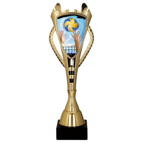 Złoty puchar plastikowy 7243/VOL do siatkówki na marmurowej podstawie, z tarczą z motywem piłki i siatki. Miejsce na tabliczkę z nadrukiem. Na turnieje szkolne i klubowe.