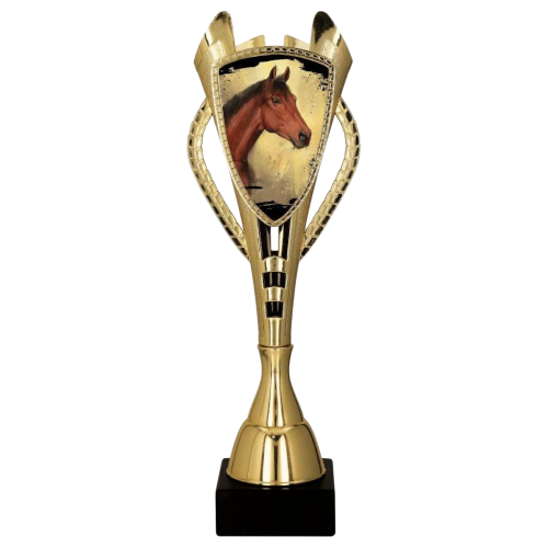 Puchar jeździecki 7243 z motywem konia – eleganckie trofeum na zawody jeździeckie, konkursy hippiczne i turnieje jeździectwa. Złoty puchar z miejscem na tabliczkę z grawerem, idealny dla zwycięzców i uczestników zawodów konnych.