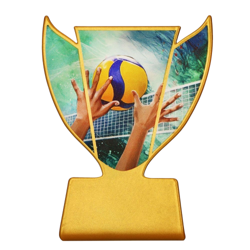 Statuetka metalowa Slim Line – siatkówka SL-VOL. Grafika przedstawia blok przy siatce i piłkę. Złote wykończenie oraz złota podstawa z miejscem na tabliczkę z nadrukiem (personalizacja). Nagroda na turnieje.