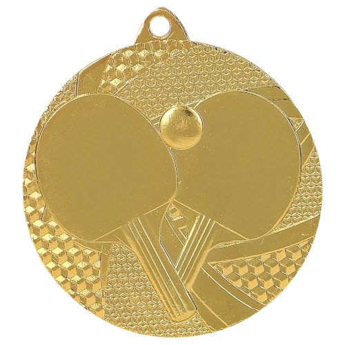 Złoty medal tenis stołowy MMC7750/G – okrągły medal śr. 5 cm z motywem rakietki i piłeczki. Wykonany z metalu, grubość 2 mm. Idealna nagroda na turniej tenisa stołowego i ligę szkolną.