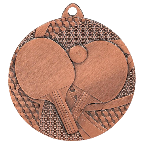 Brązowy medal tenis stołowy MMC7750/B – okrągły medal śr. 5 cm z motywem rakietki i piłeczki. Wykonany z metalu, grubość 2 mm. Idealna nagroda na turniej tenisa stołowego i ligę szkolną.