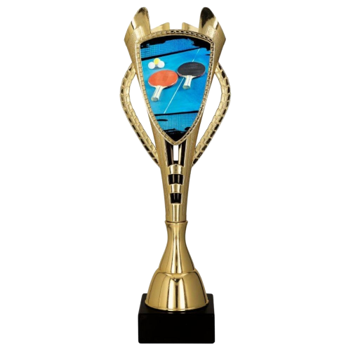 Puchar plastikowy 7243/TAB złoty – tenis stołowy z grafiką rakietek i piłeczek na niebieskim tle. Smukły model na marmurowej podstawie sprawdzi się na turnieje, zawody i wyróżnienia sportowe. Miejsce na tabliczkę z nadrukiem.