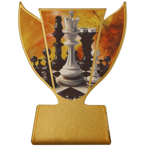 Statuetka metalowa SL-CHE Szach-Mat z grafiką figur szachowych na złotym tle. Kompaktowy model sprawdzi się jako nagroda na turnieje, konkursy i wyróżnienia szachowe. Miejsce na tabliczkę z nadrukiem.