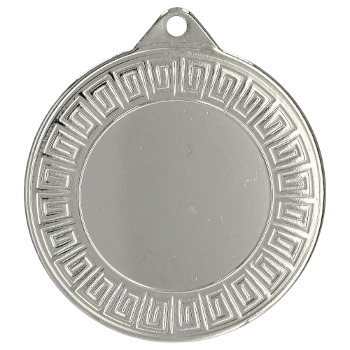 Srebrny medal sportowy MMC7140/S – okrągły medal śr. 4 cm z miejscem na emblemat i greckim wzorem na rancie. Idealna nagroda na zawody sportowe, turnieje szkolne i klubowe.