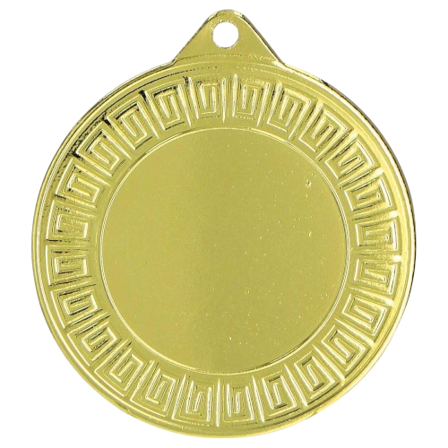 Złoty medal sportowy MMC7140/G – okrągły medal śr. 4 cm z miejscem na emblemat i greckim wzorem na rancie. Idealna nagroda na zawody sportowe, turnieje szkolne i klubowe.