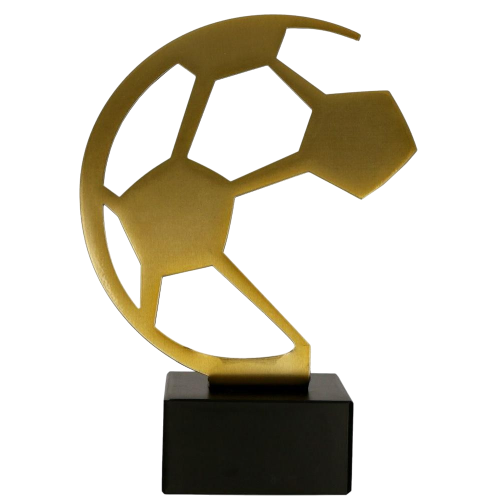 Statuetka metalowa BL-SOC1 Metline Heavy – piłka nożna: złoty, nowoczesny ażurowy motyw piłki na marmurowej podstawie. Wys. 29 cm, gr. 5 cm. Tabliczka 85×40 mm z nadrukiem. Idealna na turnieje i MVP.