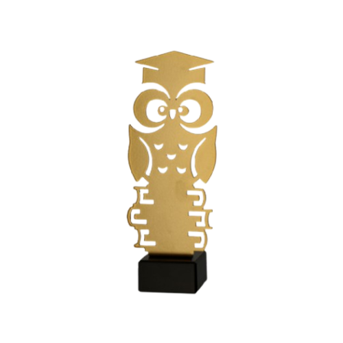 Statuetka metalowa ML-SCH Sowa w złotym kolorze z motywem sowy w birecie na tle książek. Model na marmurowej podstawie sprawdzi się jako nagroda, wyróżnienie lub podziękowanie w szkolnictwie. Miejsce na tabliczkę z nadrukiem.
