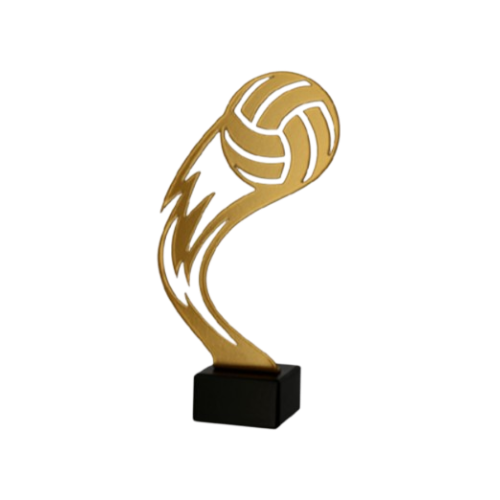 Statuetka metalowa ML-VOL: złoty motyw piłki siatkowej z dynamiczną falą na czarnej podstawie. Nagroda na turnieje, ligi i wyróżnienia MVP; personalizacja tabliczką z nadrukiem.