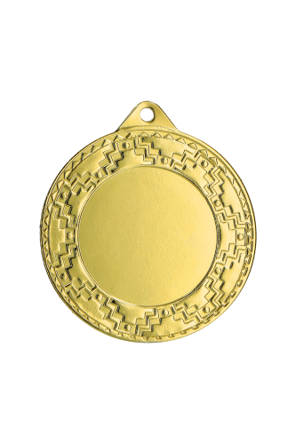 Złoty medal sportowy ME0340/G – okrągły medal śr. 4 cm z miejscem na emblemat i zdobionym rantem. Uniwersalna nagroda na zawody szkolne, turnieje i olimpiady.