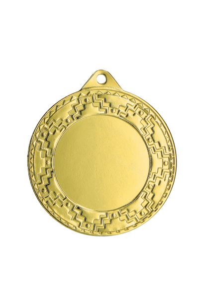 Złoty medal sportowy ME0340/G – okrągły medal śr. 4 cm z miejscem na emblemat i zdobionym rantem. Uniwersalna nagroda na zawody szkolne, turnieje i olimpiady.