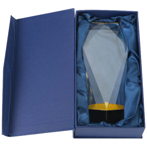 Trofeum szklane W690.01 – ze złotym akcentem i czarną podstawą, etui w zestawie. Możliwość personalizacji grawerem laserowym. Idealne na zawody sportowe, konkursy i uroczystości firmowe.