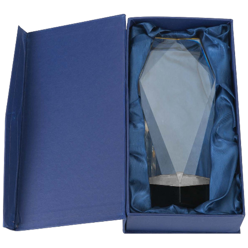 Trofeum kryształowe W690.02 - ze srebrnym akcentem i czarną podstawą, etui w zestawie. Możliwość personalizacji grawerem laserowym. Idealne na zawody sportowe, konkursy i uroczystości firmowe.