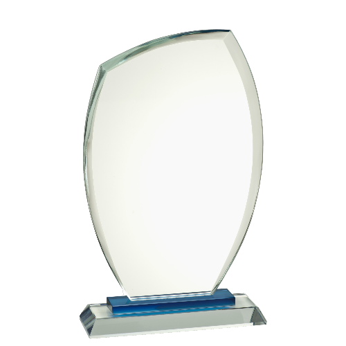Statuetka szklana GL.029.A – owalna tafla szkła na podstawie z niebieskim akcentem, etui w zestawie. Dostępna w trzech rozmiarach. Możliwość personalizacji grawerem laserowym. Idealna na zawody sportowe, konkursy i uroczystości firmowe.