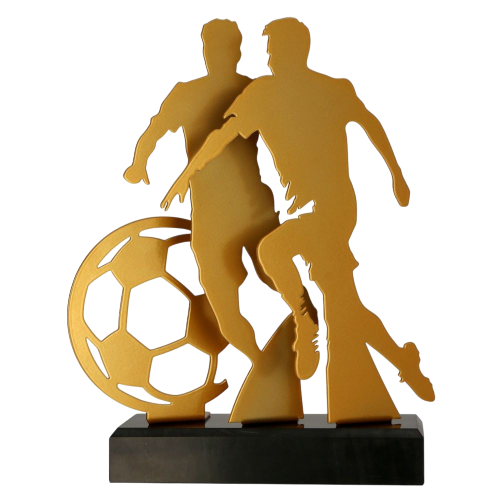 Metalowa statuetka Piłkarze (TM001-SOC1) – efektowna nagroda dla piłkarzy. Złoty motyw dwóch zawodników z piłką na marmurowej podstawie, wys. 29,5 cm. Personalizacja: tabliczka z nadrukiem 192×25 mm.
