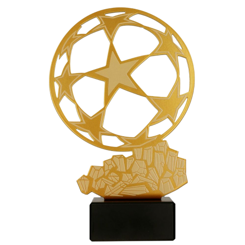 Metalowa statuetka piłkarska MLV-SOC2 (wys. 25,5 cm) z motywem piłki i gwiazd, na marmurowej podstawie. Idealna nagroda na turnieje i ligi. Tabliczka 80×30 mm z nadrukiem (personalizacja).