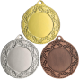 Medale sportowe złoty srebrny brązowy ME0340 – okrągłe medale śr. 4 cm z miejscem na emblemat i zdobionym rantem. Uniwersalna nagroda na zawody szkolne, turnieje i olimpiady dla dzieci i dorosłych.