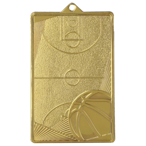 Złoty medal koszykówka MMC7145/G – prostokątny medal 7×4,5 cm z motywem boiska i piłki. Idealna nagroda na turniej koszykówki i ligę szkolną.