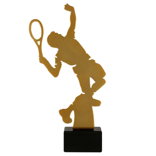Statuetka metalowa ML-TEN2 Złoty Tenisista z sylwetką zawodnika podczas serwisu. Model na marmurowej podstawie sprawdzi się jako nagroda na turnieje, zawody i wyróżnienia tenisowe. Miejsce na tabliczkę z nadrukiem.