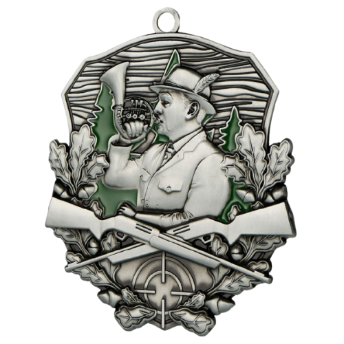 Medal myśliwski MD1870/AS – odlewany medal w kolorze antycznego srebra z motywem myśliwego z rogiem i strzelbami. Idealna nagroda na zawody strzeleckie, polowania lub upominek dla myśliwego.