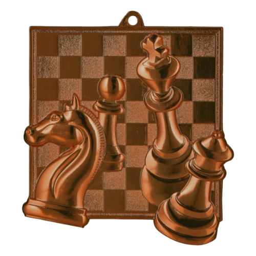 Brązowy medal szachy MD8046/B – medal 69x65 mm z trójwymiarowym motywem figur szachowych na szachownicy. Wykonany z metalu, grubość 3 mm. Idealna nagroda na turniej szachowy i zawody szkolne.