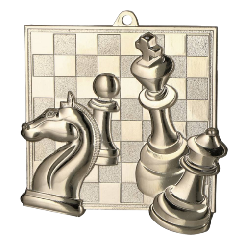 Srebrny medal szachy MD8046/S – medal 69x65 mm z trójwymiarowym motywem figur szachowych na szachownicy. Wykonany z metalu, grubość 3 mm. Idealna nagroda na turniej szachowy i zawody szkolne.