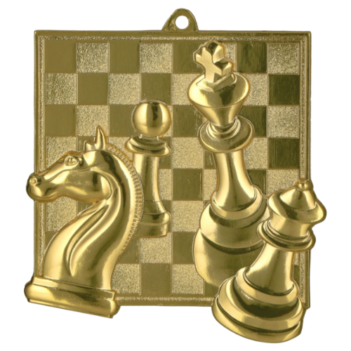 Złoty medal szachy MD8046/G – medal 69x65 mm z trójwymiarowym motywem figur szachowych na szachownicy. Wykonany z metalu, grubość 3 mm. Idealna nagroda na turniej szachowy i zawody szkolne.