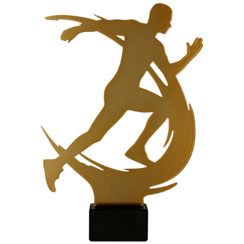 Statuetka metalowa ML-RUN z dynamiczną sylwetką biegacza. Nowoczesny design i złote wykończenie podkreślają sportowy charakter nagrody. Osadzona na marmurowej podstawie z miejscem na tabliczkę z grawerem. Idealna na zawody biegowe i lekkoatletyczne.