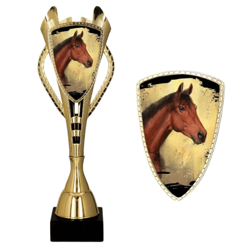 Puchar jeździecki 7243 z motywem konia – eleganckie trofeum na zawody jeździeckie, konkursy hippiczne i turnieje jeździectwa. Złoty puchar z miejscem na tabliczkę z grawerem, idealny dla zwycięzców i uczestników zawodów konnych.