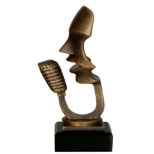 Statuetka RFST3048/BR muzyczna z motywem mikrofonu i sylwetki wokalisty. Dobra nagroda na konkursy wokalne, festiwale muzyczne i przeglądy talentów. Wyrazisty motyw sceniczny oraz miejsce na tabliczkę z grawerem z nazwą wydarzenia lub kategorią.