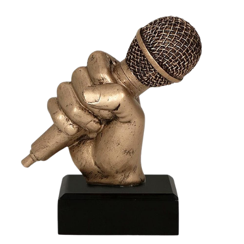 Statuetka RFST2074 muzyczna przedstawiająca dłoń trzymającą mikrofon. Motyw sceniczny dobrze pasuje do konkursów wokalnych, festiwali muzycznych i wydarzeń artystycznych. Na podstawie można umieścić tabliczkę z grawerem.