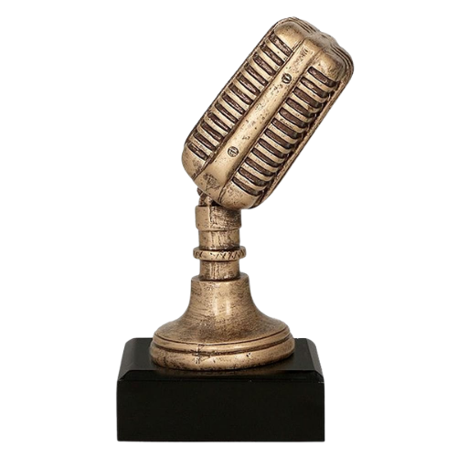 Statuetka RFST2079/BR motywem klasycznego mikrofonu w stylu retro. Sprawdzi się jako nagroda na konkursy wokalne, festiwale muzyczne i wydarzenia sceniczne. Na podstawie można umieścić tabliczkę z grawerem z nazwą wydarzenia lub kategorią nagrody.