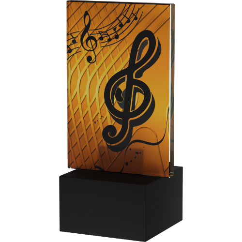 Szklane trofeum AG1-12/MUS Muzyka z motywem klucza wiolinowego i nut. Odpowiednie jako nagroda na konkursy wokalne, festiwale muzyczne, przeglądy piosenki i wydarzenia artystyczne. Na marmurowej podstawie można umieścić tabliczkę z grawerem.