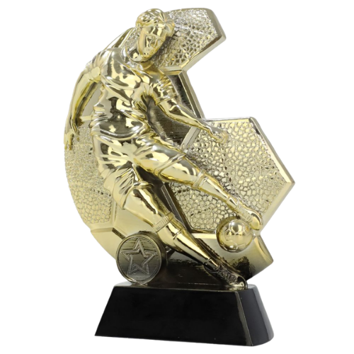 Statuetka R006 piłkarska – złota figurka zawodnika przy piłce na czarnej podstawie, idealna nagroda na turniej, ligę i MVP. Plastik, miejsce na tabliczkę z grawerem. Symbol: R006-150\G\BK