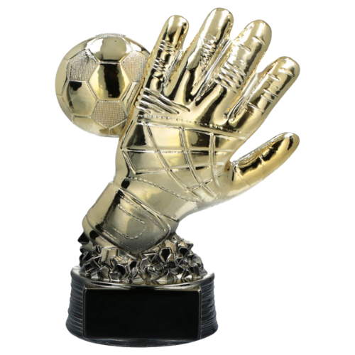 Statuetka piłkarska R008-125\G\BK bramkarz – złota rękawica z piłką na czarnej podstawie, idealna nagroda dla bramkarza na turnieje i ligi. Plastik, miejsce na tabliczkę z grawerem. Symbol: R008-125\G\BK