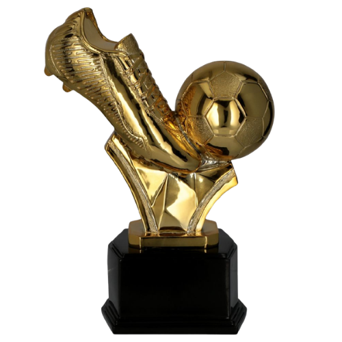 Statuetka RP2022/G piłkarska „Najlepszy strzelec” – złoty but z piłką na czarnej podstawie, efektowna nagroda na turnieje, ligi i MVP. Wys. 24 cm, miejsce na tabliczkę z nadrukiem. Symbol: RP2022/G