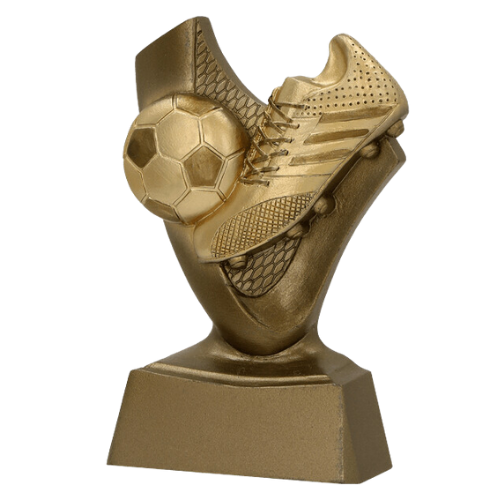 Statuetka RP4010 piłkarska „Złoty Gol” – odlewana złota figurka buta z piłką, elegancka nagroda na turnieje, ligi i dla najlepszego strzelca. Wys. 10 cm, miejsce na tabliczkę z nadrukiem. Symbol: RP4010