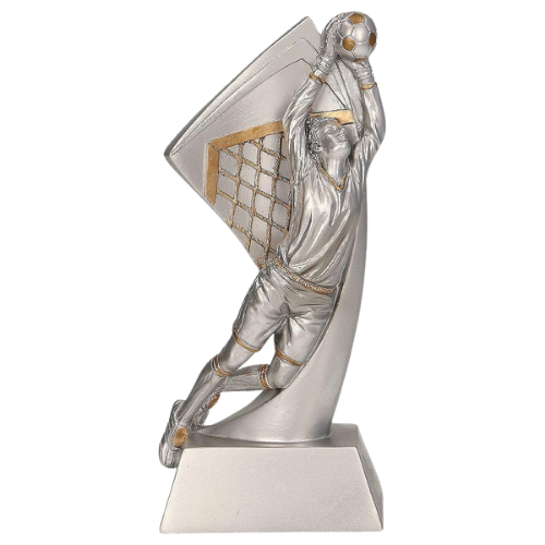 Statuetka RP2004 bramkarska „Interwencja Bramkarza” – odlewana figurka bramkarza w wyskoku z piłką, srebrno-złote wykończenie, idealna nagroda „Najlepszy bramkarz” na turnieje i ligi. Wys. 17,5 cm, tabliczka z nadrukiem. Symbol: RP2004